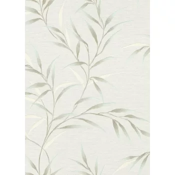   Fényes halványzöld-barna-fehér hosszúkás Art deco levél mintás tapéta (10528-18)