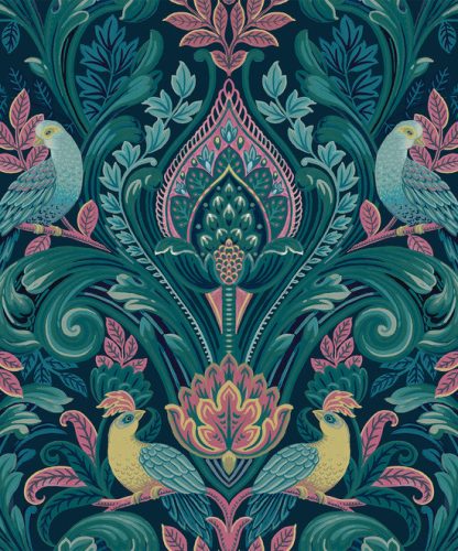 Zöld-rózsaszín tónusú motívumok madarakkal tapéta (Arcadia A67801)