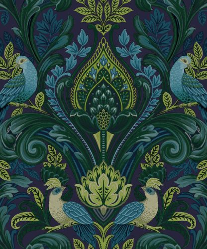 Sötét kék-zöld tónusú motívumok madarakkal tapéta (Arcadia A67802)
