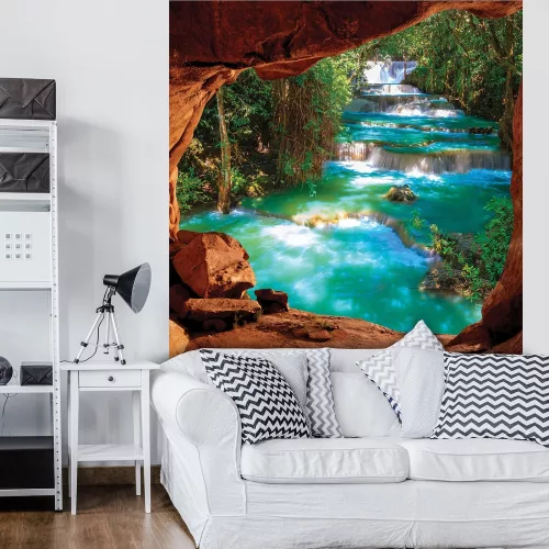 Barlangból kilátás az erdei patakra poszter, fotótapéta (206 x 275 cm)