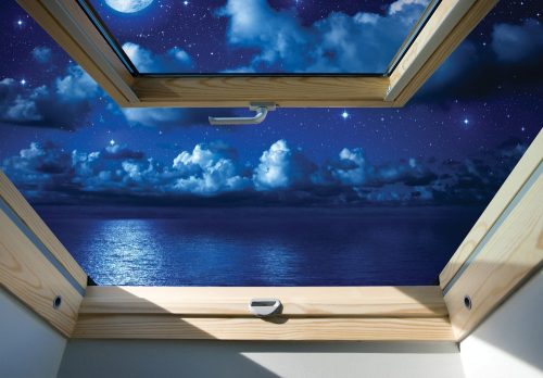 Éjszakai tengerre néző ablak poszter, fotótapéta, Vlies (416 x 254 cm)