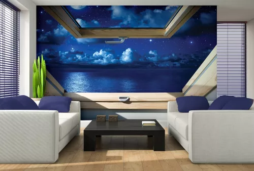 Éjszakai tengerre néző ablak poszter, fotótapéta