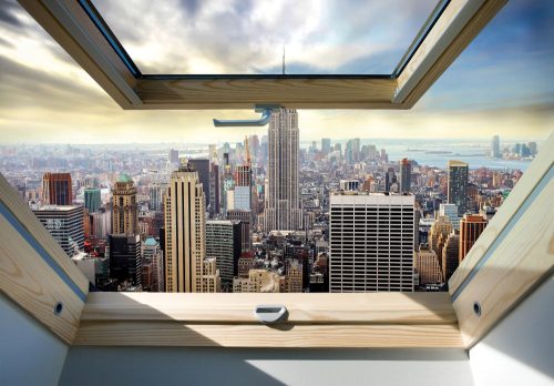 Felhőkarcolókra néző ablak poszter, fotótapéta Vlies (152,5 x 104 cm)