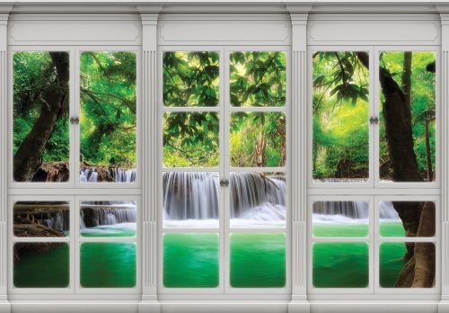 Vízesésre néző ablak poszter, fotótapéta, Vlies (104 x 70,5 cm)
