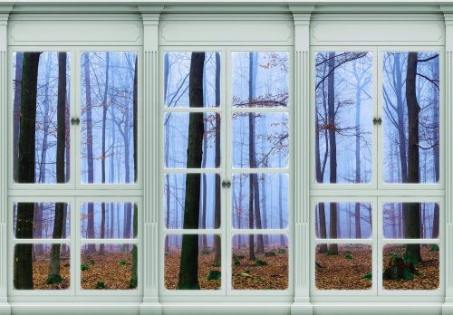 Őszi erdőre néző ablak poszter, fotótapéta, Vlies (416 x 254 cm)