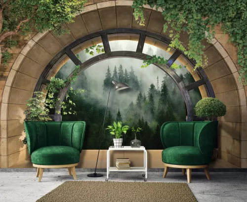 Boltíven át kilátás ködös erdőre poszter, fotótapéta