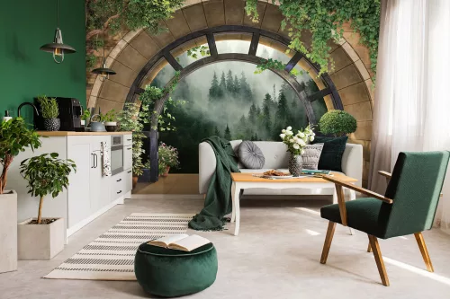 Boltíven át kilátás ködös erdőre poszter, fotótapéta