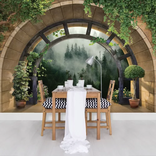 Boltíven át kilátás ködös erdőre poszter, fotótapéta