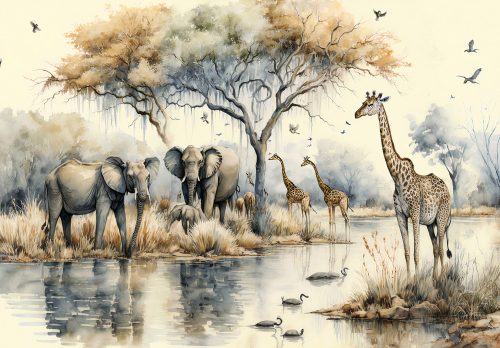 Rajzolt afrikai állatok poszter, fotótapéta Vlies (208 x 146 cm)
