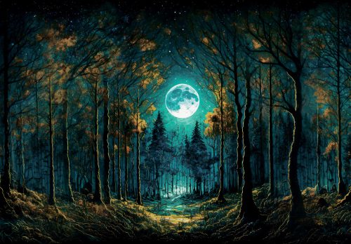 Telihold a sötét erdőben poszter, fotótapéta Vlies (152,5 x 104 cm)