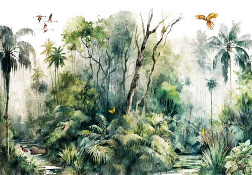 Festett trópusi erdő madarakkal poszter, fotótapéta Vlies (152,5 x 104 cm)
