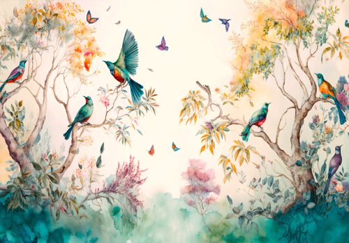 Színpompás madarak a fákon poszter, fotótapéta, Vlies (416 x 254 cm)
