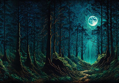 Telihold fénye az erdőn keresztül poszter, fotótapéta Vlies (368 x 254 cm)