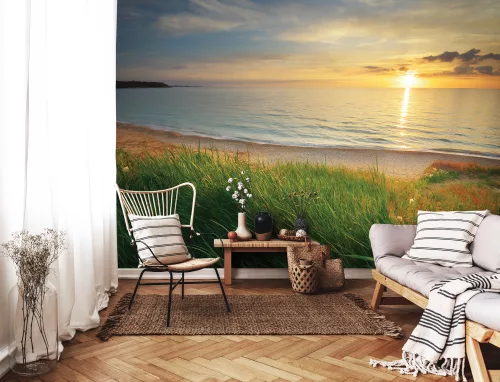 Naplemente a füves partról poszter, fotótapéta