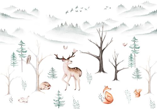 Állatok és az erdő gyerek mintás poszter, fotótapéta, Vlies (416 x 254 cm)