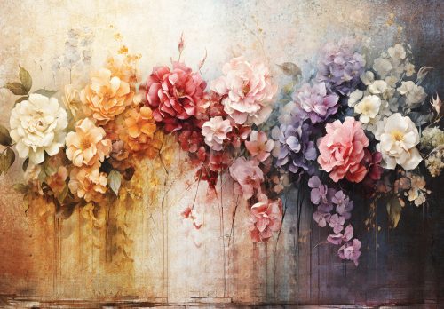 Színes virágok a festékes fal előtt poszter, fotótapéta Vlies (152,5 x 104 cm)