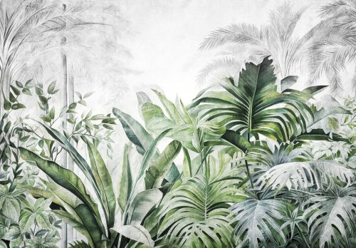 Zöld trópusi levelek - szürke leveles háttér poszter, fotótapéta, Vlies (416 x 254 cm)