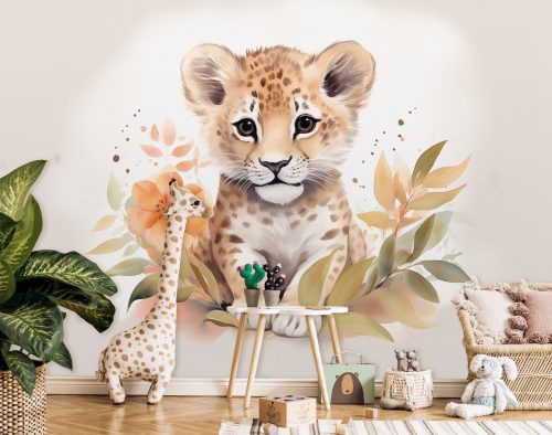 Gepárd kölyök levelekkel poszter, fotótapéta, Vlies (104 x 70,5 cm)