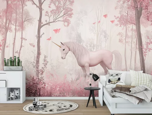 Egyszarvú a rózsaszín erdőben poszter, fotótapéta