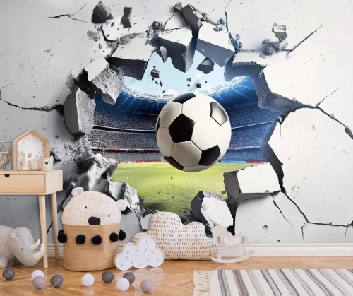 Stadionból falon keresztül kitörő focilabda poszter, fotótapéta