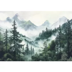   Hegyek a ködös fenyves mögött poszter, fotótapéta (100 x 75 cm)
