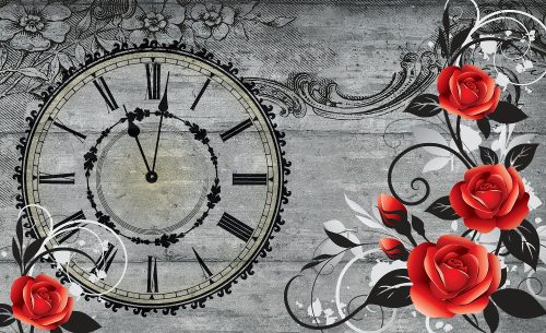 Óra és rózsák poszter, fotótapéta, Vlies (104 x 70,5 cm)