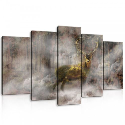 Vászonkép 5 darabos, Szarvas a ködös erdőben 100x60 cm méretben