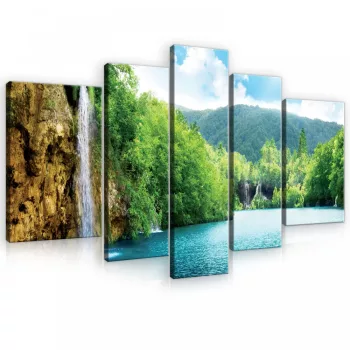   Vászonkép, 5 darabos, Vízesés folyóval, erdővel 170x100 cm méretben