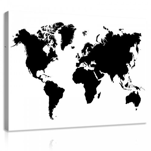 Vászonkép, Fekete-fehér Világtérkép, 100x75 cm méretben