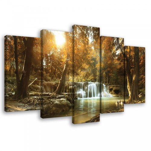 Vászonkép 5 darabos Napsütötte erdő csorgadozó patakkal 100x60 cm méretben