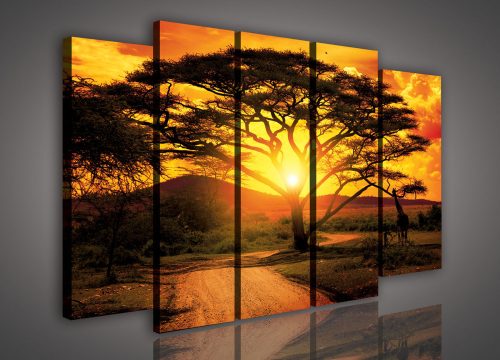 Vászonkép, 5 darabos Szavannai naplemente 150x100 cm méretben