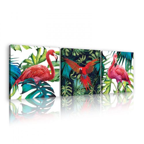 Vászonkép 3 darabos, Flamingók és papagáj, 3 db 25x25 cm méret