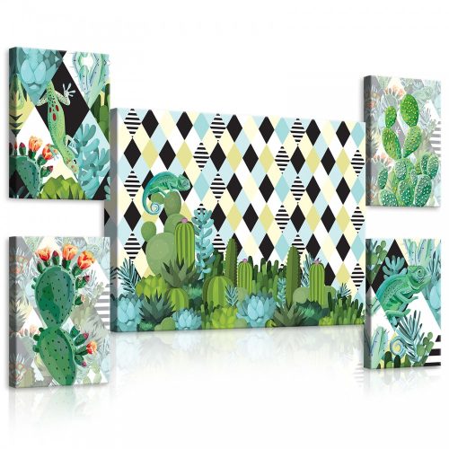 Vászonkép, 5 darabos Kaméleon a kaktuszokkal variálható elrendezésben