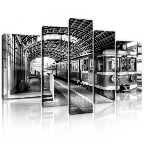 Vászonkép, 5 darabos, Vasútállomás fekete-fehér 170x100 cm méretben
