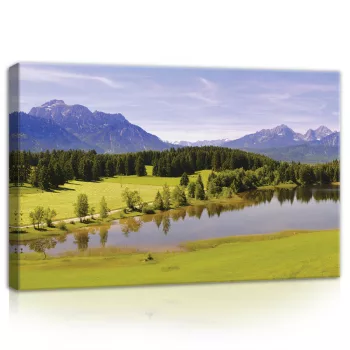 Hegyek erdővel és tóval, vászonkép, 60x40 cm méretben