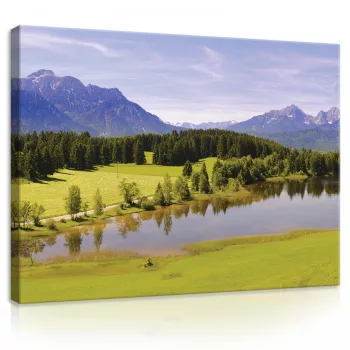 Vászonkép, Hegyek, erdő és tó 80x60 cm méretben