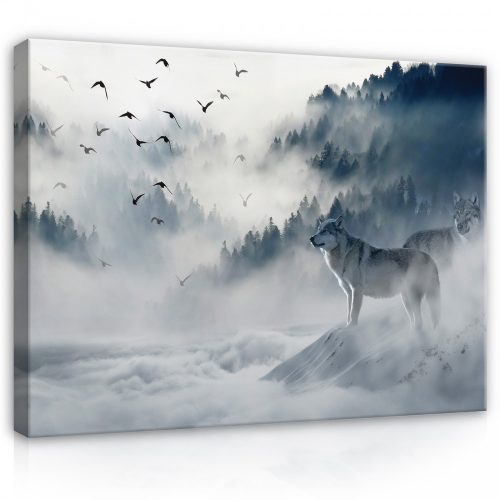 Vászonkép, Farkasok a ködben, 100x75 cm méretben