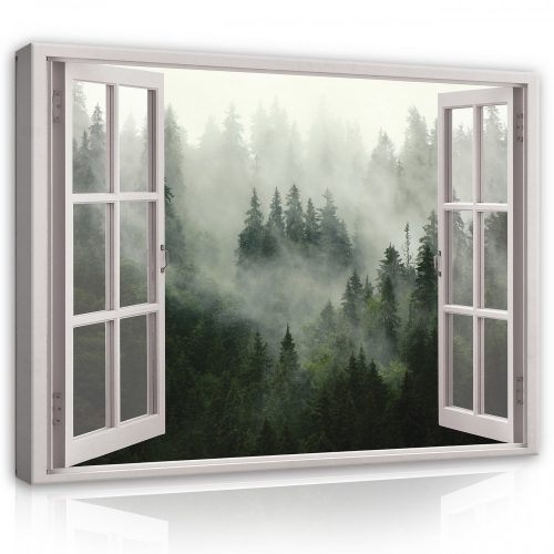 Vászonkép, Kilátás az ablakból, ködös erdő, 100x75 cm méretben