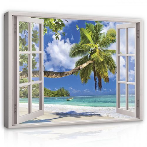 Vászonkép, Kilátás az ablakból, pálmafás tengerpart, 60x40 cm méretben