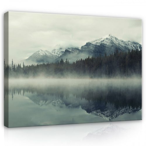 Vászonkép, Ködös tó a hegyek alatt, 100x75 cm méretben