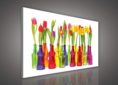 Vászonkép, Virágok színes üvegekben, 100x75 cm méretben