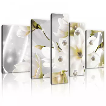   Vászonkép, 5 darabos, Fehér magnóliák gyöngyökkel 170x100 cm méretben