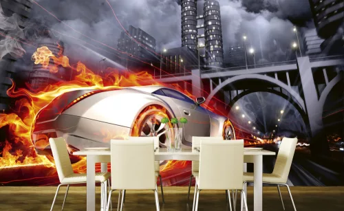 CAR IN FLAMES fotótapéta, poszter, vlies alapanyag, 375x250 cm