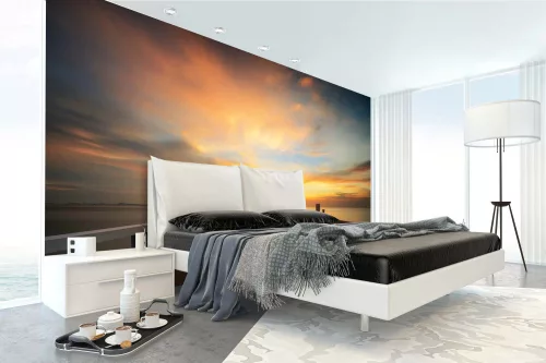 Vlies Fotótapéta - Wooden bridge at sunrise - 375x250 cm