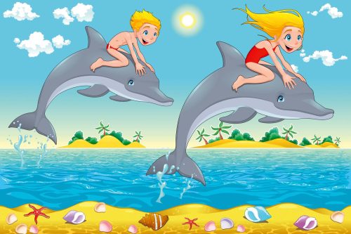 Vlies Fotótapéta - Children and dolphin - 375x250 cm