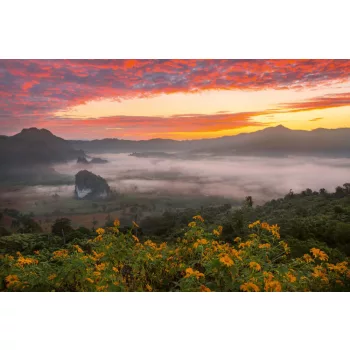 Vlies Fotótapéta - Morning fog in valley - 375x250 cm