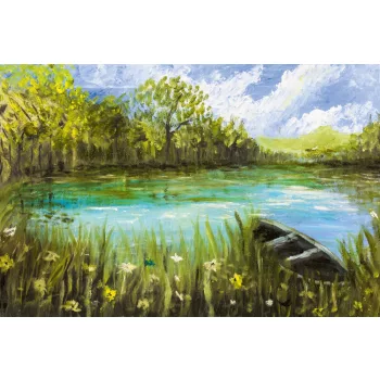 Vlies Fotótapéta - Oil paint of boat on lake - 375x250 cm