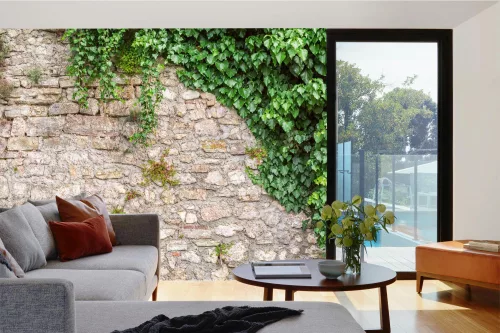 STONE WALL WITH LEAVES fotótapéta, poszter, vlies alapanyag, 375x250 cm