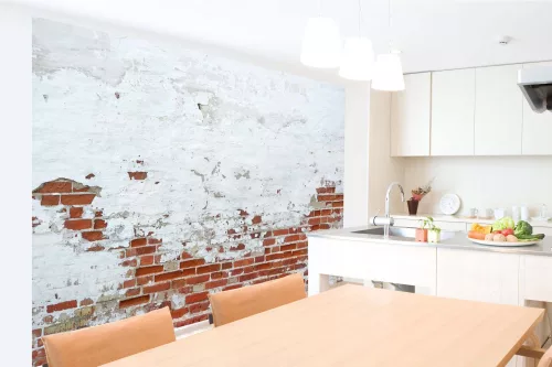 Vlies Fotótapéta -  Red Brick Wall With Sprinkled White Plaster  - 375x250 cm