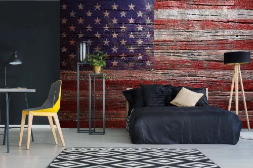 Vlies Fotótapéta - USA Flag on Wooden Texture - 375x250 cm